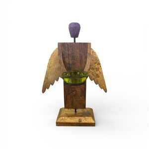 Wooden Angel Figurine with Green Glass tea light candle holder